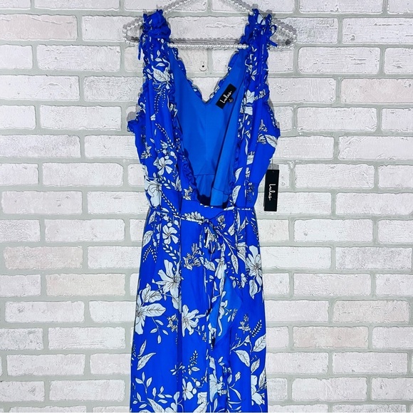Lulu's NWT Sun Salutation Royal Blue Floral Print Ruffled Wrap Maxi Dress Size L - Picture 6 of 12